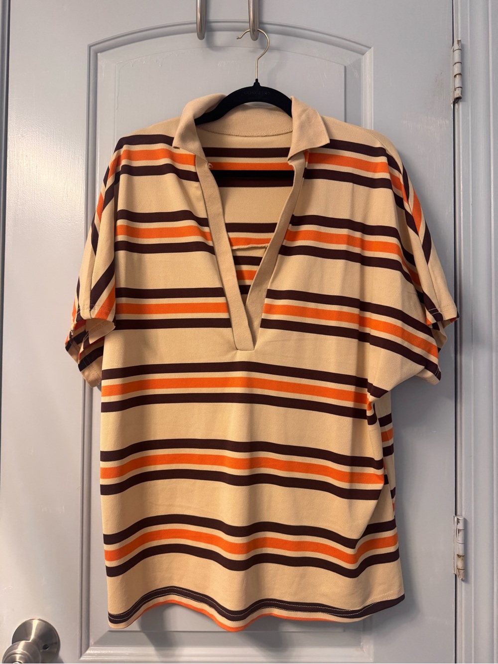 Women’s Beige Striped Polo Shirt with Orange & Brown Stripes
